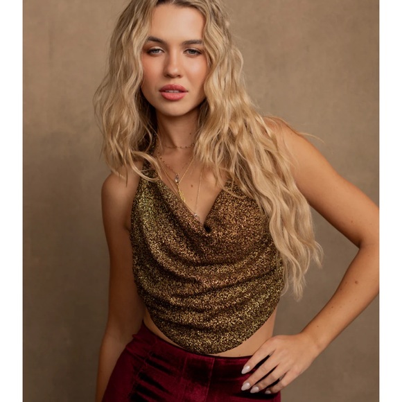 Joyfollie Wine Red Velvet High Rise Pants + Crackled Gold Halter Top Set XS NWT - Picture 7 of 17